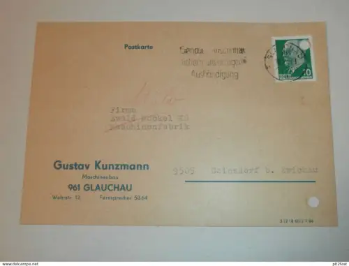 Maschinenbau - Gustav Kunzmann in Glauchau , 1969 , Karte , Reklame / Werbung !!
