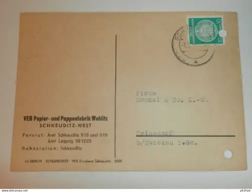 VEB Pappen- und Papierfabrik Wehlitz in Schkeuditz / West  ,1959 , Hr. Schneider und Stein ,Karte , Reklame / Werbung !!