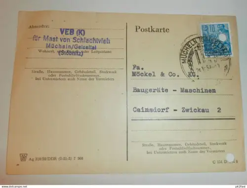 VEB - Mast von Schlachtvieh - Mücheln / Geiseltal , 1959 , Stöbnitz , Hr. Hentschel , Karte , Reklame / Werbung !!