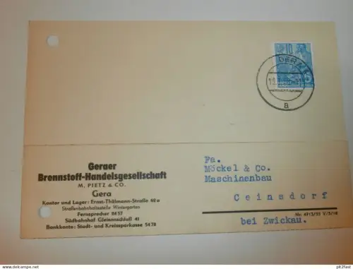 Brennstoff HG - M- Pietz & Co. in Gera , 1959 , Karte , Reklame / Werbung !!