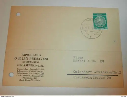 Papierfabrik O.H. Primavesi in Grossenain i. Sa., 1959 , Hr. Büttner , Karte , Reklame / Werbung !!