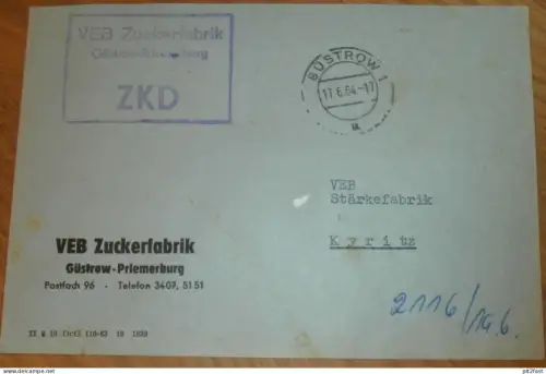 VEB Zuckerfabrik Güstrow - Priemerburg , 1964 , Kyritz , alter Briefumschlag , Reklame / Werbung !!