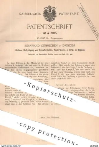 original Patent - Bernhard Oehmichen , Dresden | 1887 | Schiefertafeln , Papierblock in Mappe | Buchbinder Papier Ordner