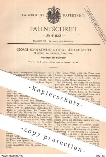 original Patent - George John Stevens , Great Suffolk Street , Surrey England | 1887 | Kugellager f. Fahrräder | Fahrrad