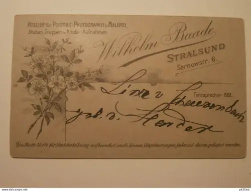 Kabinettfoto - W. Baade in Stralsund , Lina von Scheevenbach , Herder Adel , Mecklenburg , CDV , Photographie , Kabinett