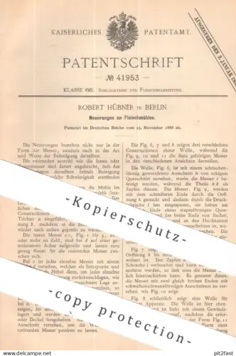 original Patent - Robert Hübner , Berlin | 1886 | Fleischmühle | Fleisch - Mühle | Fleischwolf , Schlachterei Schlachter
