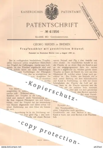 original Patent - Georg Hirdes , Bremen | 1886 | Tropfenzähler mit geschlitztem Stöpsel | Gesundheit , Pflege , Medizin