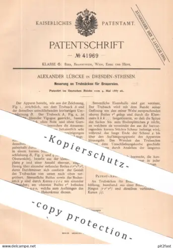 original Patent - Alexander Lübcke , Dresden / Striesen | 1887 | Trubsack für Brauerei | Sack , Korb , Bier , Malz