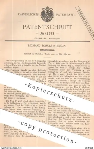 original Patent - Richard Schulz , Berlin | 1887 | Schlagfeuerzeug | Feuerzeug | Feuer | Sturmfeuerzeug , Zünder Brenner
