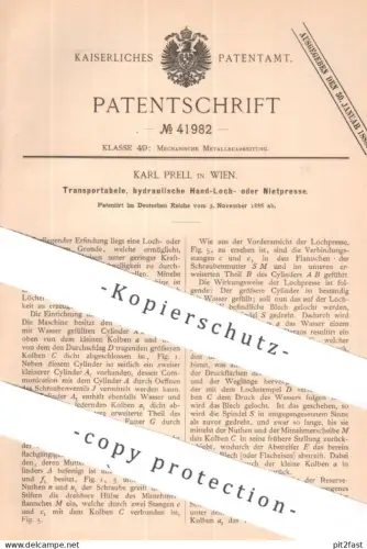 original Patent - Karl Prell , Wien , Österreich | 1886 | hydraulische Hand-Loch- o. Nietpresse | Presse , Blech Metall