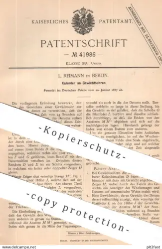 original Patent - L. Reimann , Berlin | 1887 | Kalender an Gewichtsuhren | Pendeluhr , Uhr , Uhren , Uhrwerk | Datum !