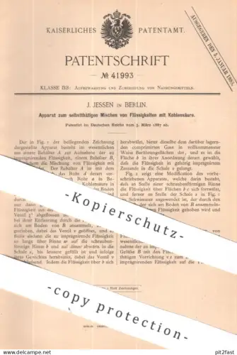 original Patent - J. Jessen , Berlin | 1887 | Mischen von Flüssigkeiten mit Kohlensäure | Wein , Bier , Lebensmittel