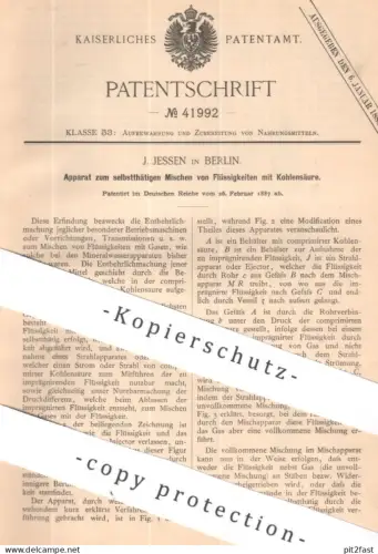original Patent - J. Jessen , Berlin | 1887 | Mischen von Flüssigkeiten mit Kohlensäure | Wein , Bier , Lebensmittel
