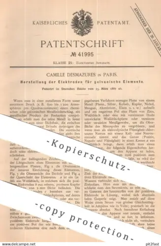 original Patent - Camille Desmazures , Paris , Frankreich | 1887 | Elektroden für galvanische Elemente | Akkumulator