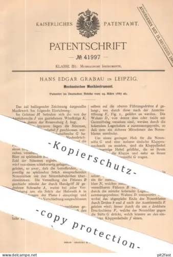 original Patent - Hans Edgar Grabau , Leipzig | 1887 | Mechanisches Musikinstrument | Instrument | Musikwerk , Musik !