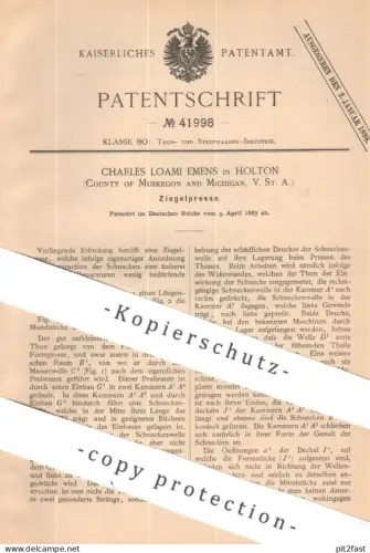 original Patent -  Charles Loami Emens , Holton , Muskegon , Michigan , USA | 1887 | Ziegelpresse | Ziegel - Presse !!