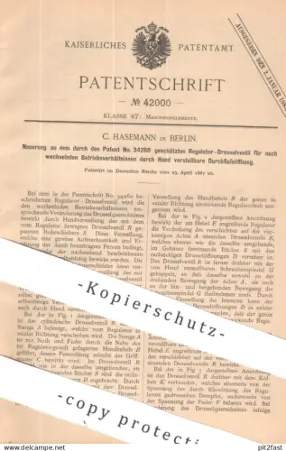 original Patent - C. Hasemann , Berlin | 1887 | Regulator - Drosselventil | Ventil , Rohrschieber , Maschinen , Motor !!