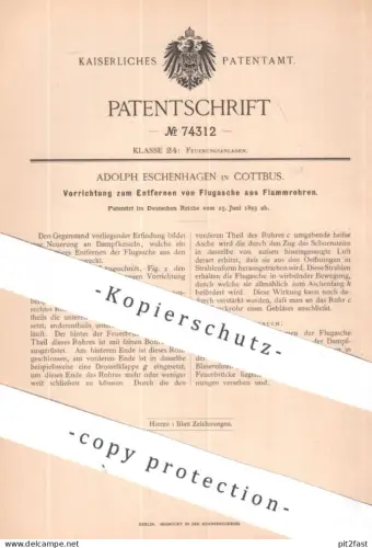 original Patent - Adolph Eschenhagen , Cottbus | 1893 | Entfernen von Flugasche aus Flammrohr | Asche , Ofen , Feuerung
