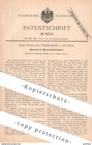 original Patent - Jean Francois Timmermans , Lüttich , Belgien | 1893 | Steuerung für Wassersäulenmaschine | Wasserkraft