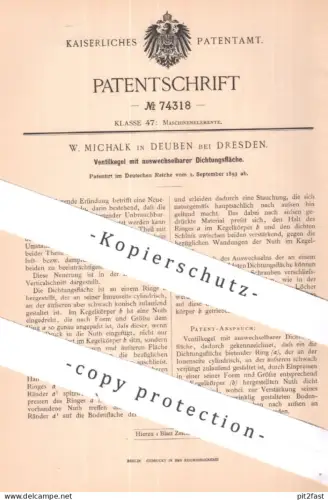 original Patent - W. Michalk , Deuben / Dresden | 1893 | Ventilkegel mit wechselbarer Dichtung | Ventil , Maschinenbau !