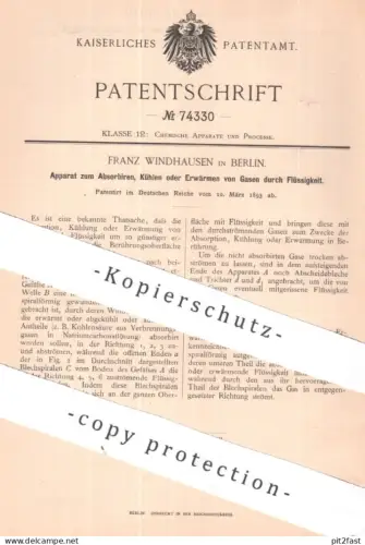 original Patent - Franz Windhausen , Berlin | 1893 | Absorbieren , Kühlen o. Erwärmen von Gas | Chemie , Gase