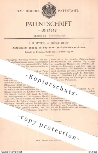 original Patent - J. H. Spoerl , Düsseldorf | 1893 | Papierrollen - Schneidmaschine | Papier schneiden | Papierfabrik