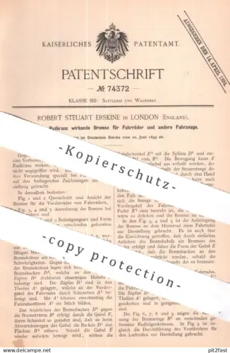 original Patent - Robert Steuart Erskine , London , England | 1893 | Bremse für Fahrräder u. Fahrzeuge | Bremsen Fahrrad