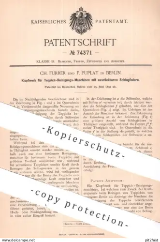 original Patent - Ch. Furrer , F. Puplat , Berlin | 1893 | Klopfwerk für Teppich - Reinigungsmaschine | Schlagwerk !!