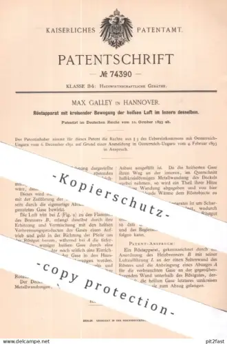 original Patent - Max Galley , Hannover | 1893 | Röstapparat | Fleisch rösten | Grill , Grillen , Ofen , Backofen , Herd