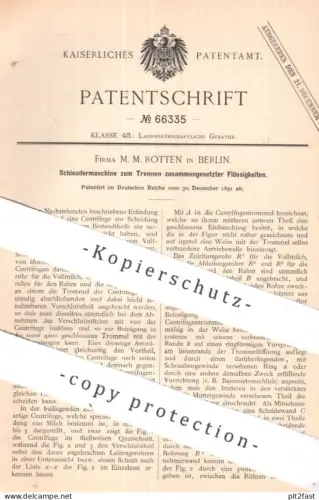 original Patent - Fa. M. M. Rotten , Berlin | 1891 | Schleudermaschine für Flüssigkeiten | Milch Rahm Molke | Schleuder