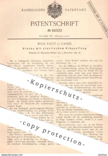 original Patent - Wilh. Paetz , Cassel / Kassel | 1891 | Glocke mit elastischem Klöppelfang | Glocken | Kautschuk !
