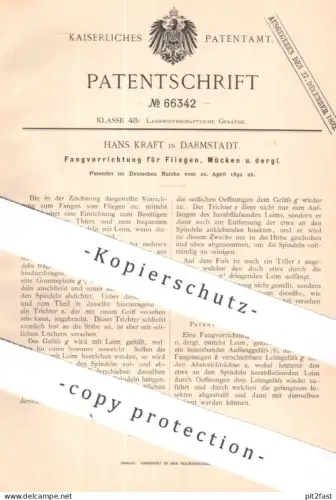 original Patent - Hans Kraft , Darmstadt | 1892 | Fangvorrichtung f. Fliegen , Mücken | Insektenfänger , Leim , Insekten