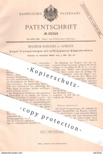 original Patent - Wilhelm Roscher , Görlitz | 1892 | Ziegel - Transportwagen | Ton , Stein , Klinker , Ziegelei , Wagen