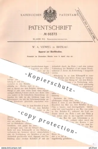original Patent - W. A. Vieweg , Breslau , Polen | 1891 | Apparat zur Bierfiltration | Bier , Filter , Fass , Zapfanlage