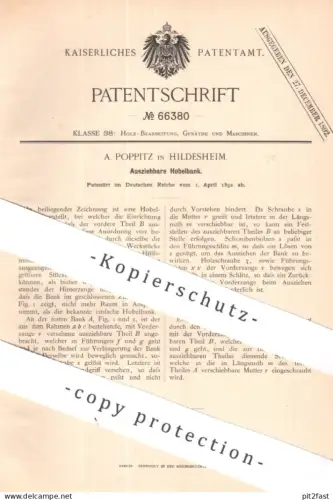 original Patent - A. Poppitz , Hildesheim | 1892 | Ausziehbare Hobelbank | Hobeln , Hobel , Holzhobel , Tischlerei !!