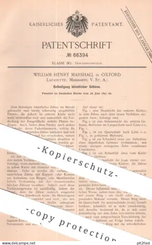 original Patent - William Henry Marshall , Oxford Lafayette Mississippi USA | 1891 | künstliche Gebisse | Gebiss , Zähne
