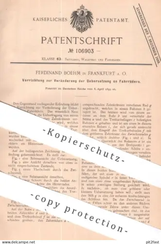 original Patent - Ferdinand Boehm , Frankfurt / Oder | 1899 | Übersetzung an Fahrrad | Zahnkranz , Antrieb , Fahrräder !