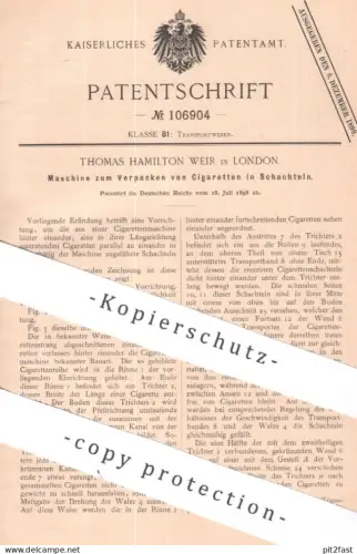 original Patent - Thomas Hamilton Weir , London England | 1898 | Verpacken von Zigaretten in Schachtel | Zigarette Tabak