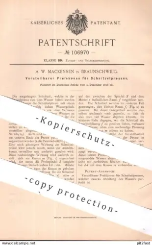 original Patent - A. W. Mackensen , Braunschweig | 1898 |  Presskonus f. Schnitzelpresse | Presse Pressen , Zuckerfabrik