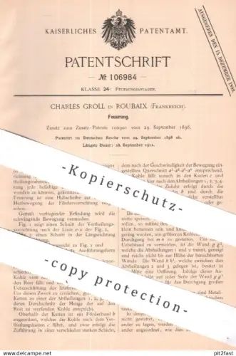 original Patent - Charles Groll , Roubaix , Frankreich | 1898 | Feuerung | Ofen , Öfen , Ofenbauer , Heizung , Heizen