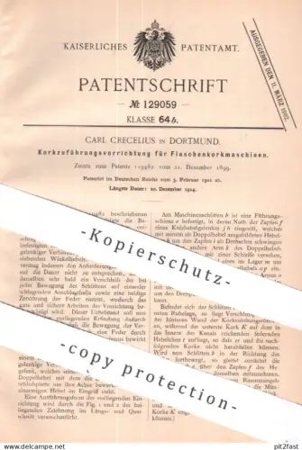 original Patent - Carl Crecelius , Dortmund | 1901 | Korkzuführung an Flaschenkorkmaschine | Flaschen , Kork , Korken !!