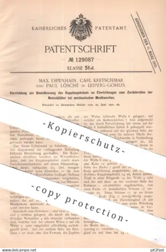 original Patent - Max Espenhain , Carl Kretschmar , Paul Lösche , Leipzig / Gohlis | 1901 | Musikwerk , Notenblätter !