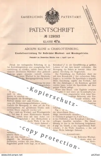 original Patent - Adolph Klose , Berlin / Charlottenburg | 1900 | Reibräder - Wechselgetriebe , Wendegetriebe | Getriebe