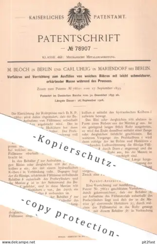 original Patent - M. Bloch , Berlin | Carl Uhlig , Mariendorf , Berlin | 1893 | Rohrpresse | Presse , Pressen , Rohr !!