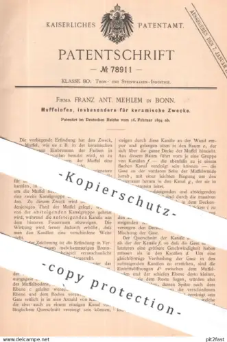 original Patent - Fa. Franz Ant. Mehlem , Bonn | 1894 | Muffelofen für Keramik | Ofen , Öfen , Steingut , Porzellan !!