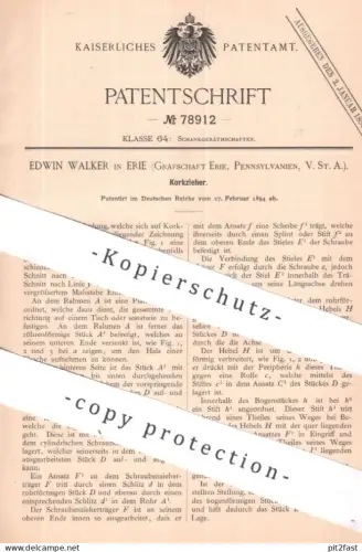 original Patent - Edwin Walker , Erie , Grafschaft Erie , Pennsylvania , USA | 1894 | Korkzieher , Korkenzieher | Wein !