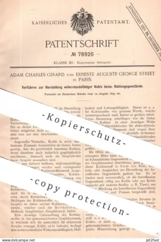 original Patent - Adam Charles Girard , Ernest Auguste G. Street , Paris , Frankreich | 1893 | Kohle , Elektrode , Strom