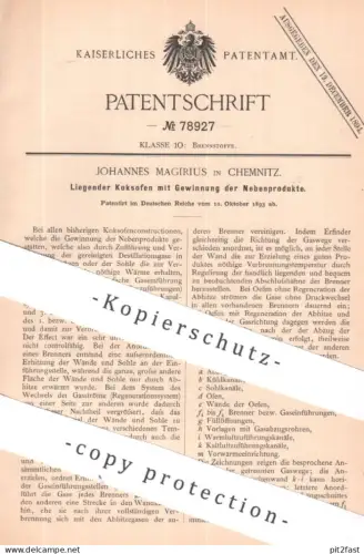 original Patent - Johannes Magirius , Chemnitz | 1893 | Liegender Koksofen | Ofen Öfen , Ofenbauer , Kohle , Brennstoff