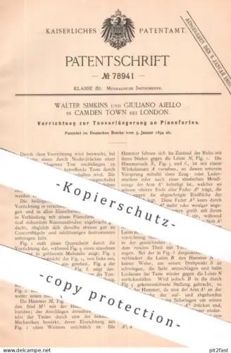 original Patent - Walter Simkins , Giuliano Ajello , Camden Town , London , England | 1894 | Tonverlängerung am Piano !