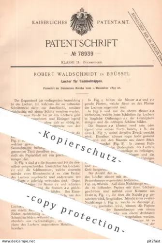 original Patent - Robert Waldschmidt , Brüssel , Belgien | 1893 | Locher für Sammelmappen | Mappe , Buch , Buchbinder